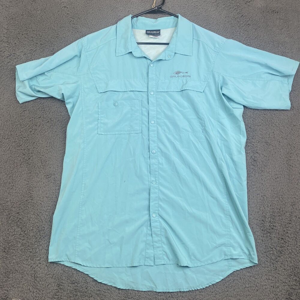 Grundens Shirt Mens Large Blue Short Sleeve Fishing Outdoor Snap Button Pocket *